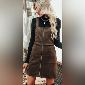 Cupshe NWT Faux Suede Pull-Ring Pinafore Dress, dark brown, Size M
